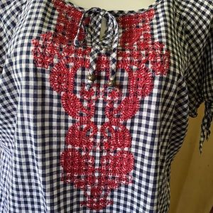 🎇🇺🇸 EUC Westport 1962 100% cotton embroidered gingham peasant top, 1X 🇺🇸🎆